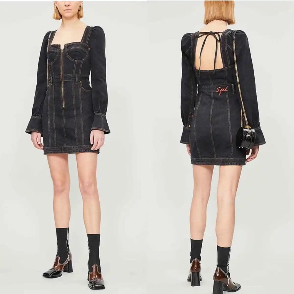 Self-Portrait x Lee Flared-cuff Denim Bustier Mini Dress In Black Size 2